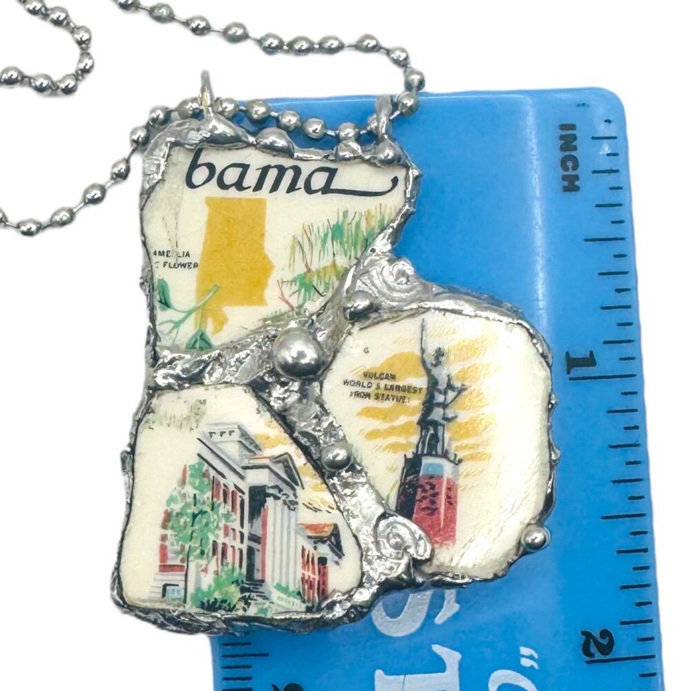 Broken China Pendant Alabama State Commemorative Plate Artisan Metalwork Bezel - Picture 4 of 9